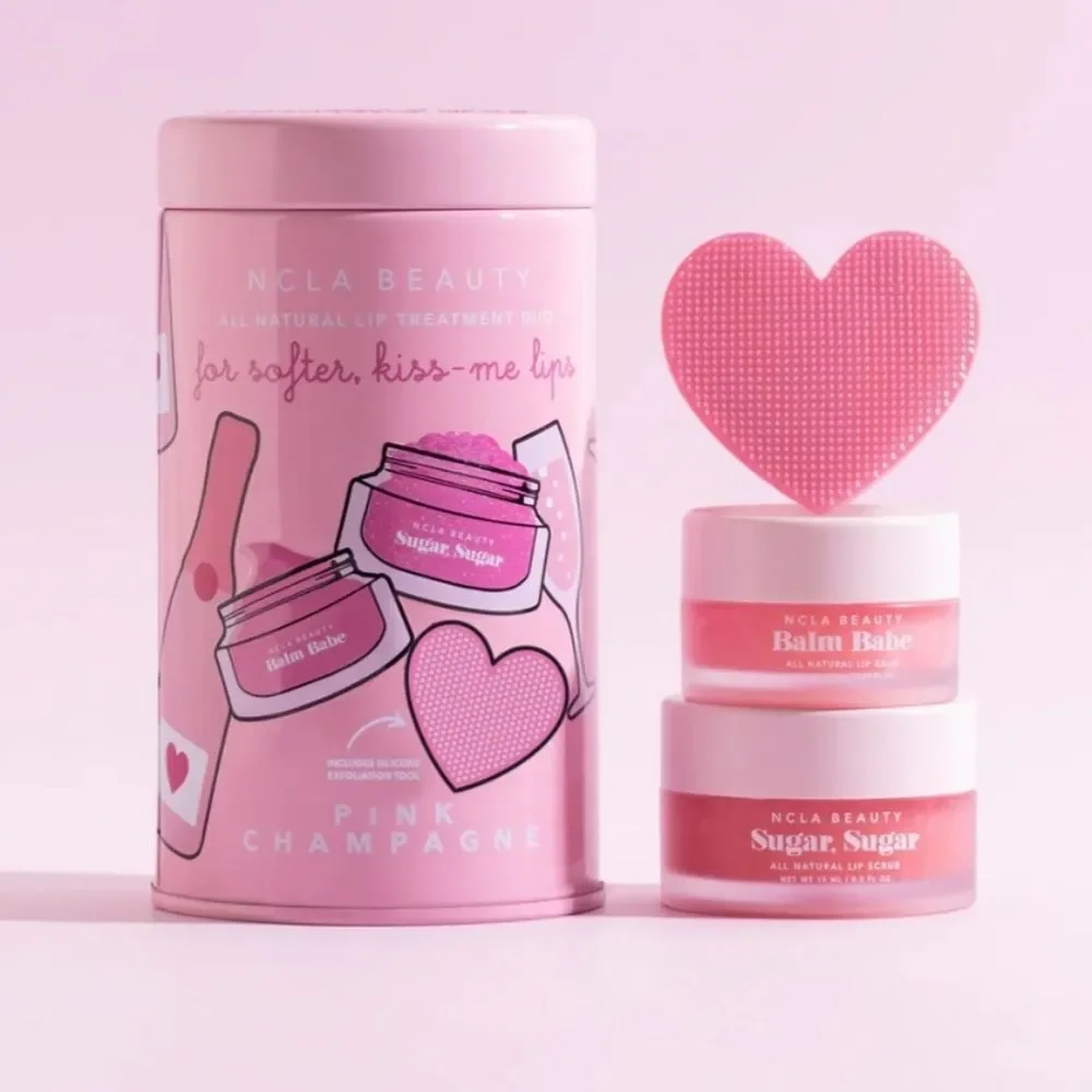 NCLA Beauty Pink Champagne Lip Treatment Trio Set Sugar Scrub Balm Scrubber New